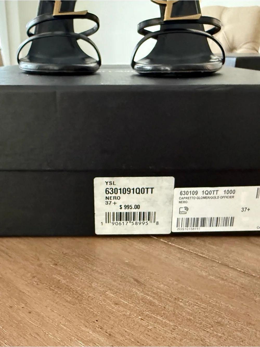 Saint Laurent Black Leather Heels with Gold YSL Logo T-Strap